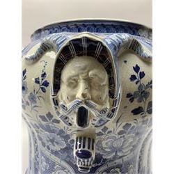 Large 20th century Delft blue and white jardinière, of baluster form with twin zoomorphic mask lug handles, decorated with hand painted panels of waterside scenes, within foliate surround, impressed and painted marks beneath for De Porceleyne Fles workshop, Delft, H35cm, rim D32