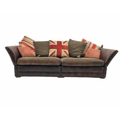 Knowle style grand drop arm sofa, upholstered in antique tan leather and fabric with contrasting scatter cushions