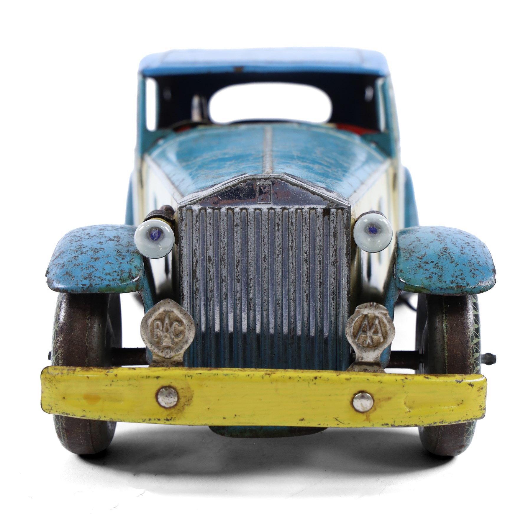 Mettoy large scale tinplate clockwork Rolls Royce, circa 1940, with cream body, blue roof and bonnet, red interior with driver, fixed key mechanism,  with electric headlights, H12cm, L35cm