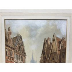 Early 20th century Continental School - watercolour of a Munich street scene entitled verso 'Markttag direkt an der Marienplatz', further manuscript inscription verso 'Eine ruhige Eike des alten Münchens'; signed lower left with initials A.H.; unframed in later mount 28.5 x 20cm. Auctioneer's Note: This painting bears similarities to the work of the young Adolf Hitler during his fifteen month stay in Munich before WWI. Various views of the Marienplatz were painted by Adolf Hitler during this period all signed with his initials and of a similar size and palette. Sold with photocopies of comparable paintings.