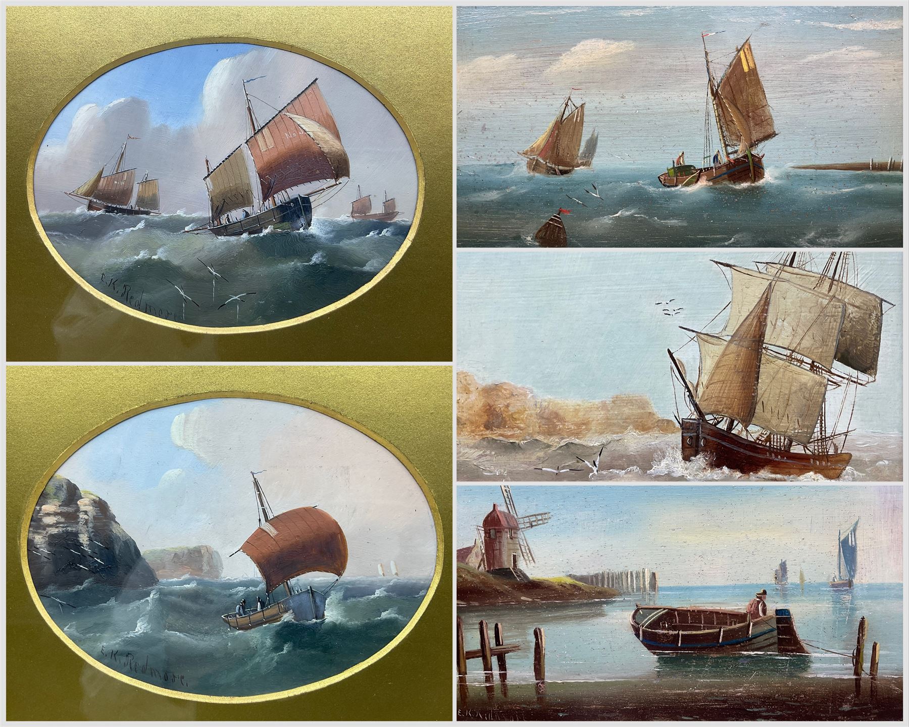 Edward King Redmore (Hull 1860-1941): Coastal Scenes, four oils on panel, one on canvas, signed max 16cm x 25cm (5)