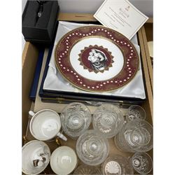 Grosvenor part tea set, together with limited edition boxed Spode ;The Millennium Collection' plate, two limited edition cased Spode 'The Queen Mother's Plate' plates, three Royal Commemorative loving cups, and a selection of drinking glasses of various size and form, in two boxes 