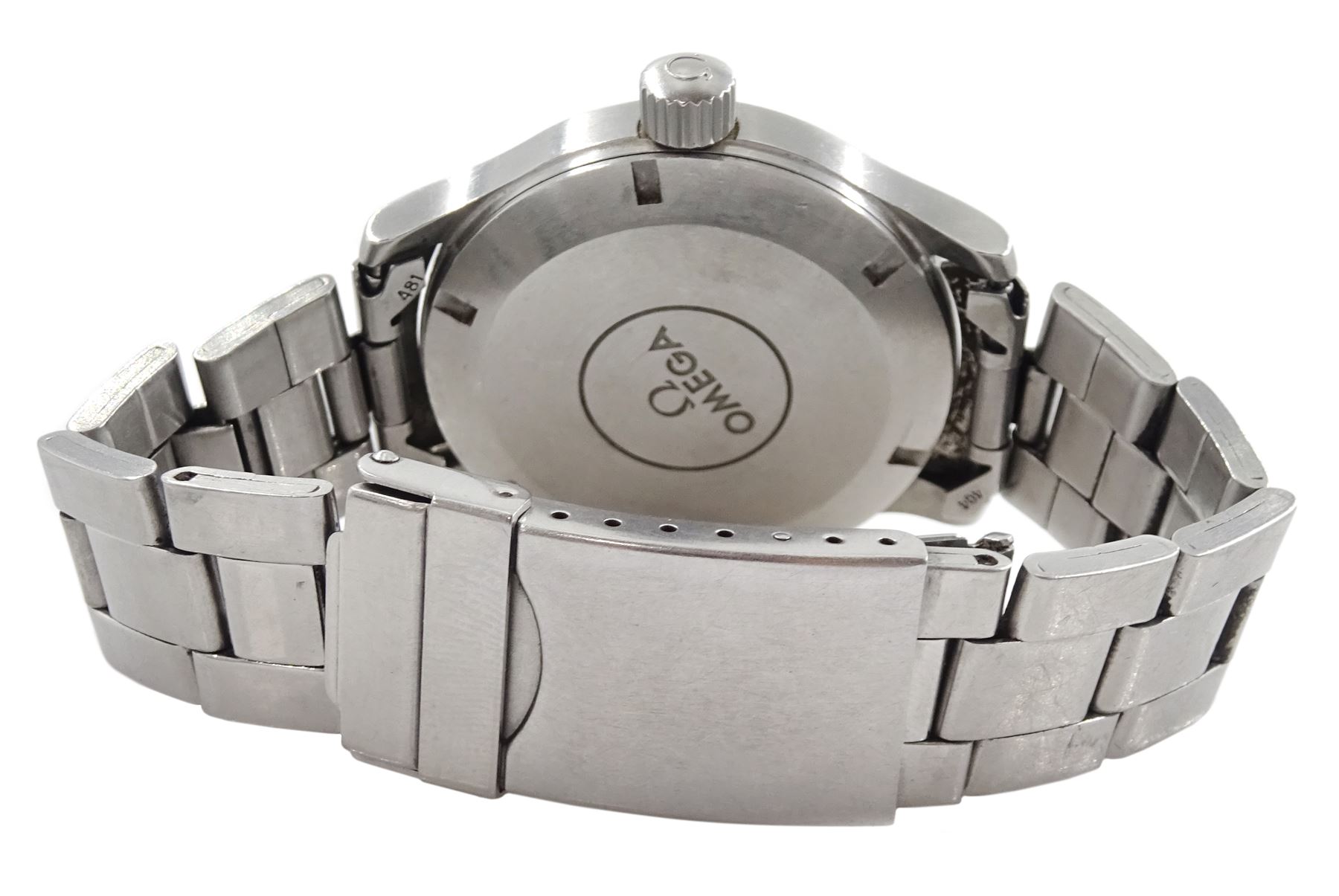 Omega Dynamic gentleman's stainless steel automatic wristwatch, Ref. 166.0310, Cal 1108, black dial with luminous numerals, yellow centre seconds and date aperture, on stainless steel strap