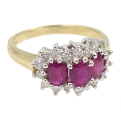  9ct gold ruby and diamond cluster ring, three oval rubies with diamond surround  