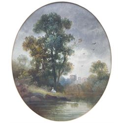 English School (early 20th century): Rural Landscape with Castle in Background, pair oval gouaches indistinctly signed, housed in gilt oval frames 24cm x 20cm (2)