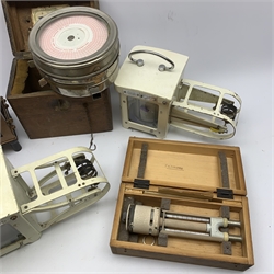 Mid-20th century aspirated psychrometer with clockwork action and paperwork, the pine box bearing metal label for Wilh. Lambrecht Gottingen; three thermographs by On and Casella; and pigeon time clock in oak case (5)