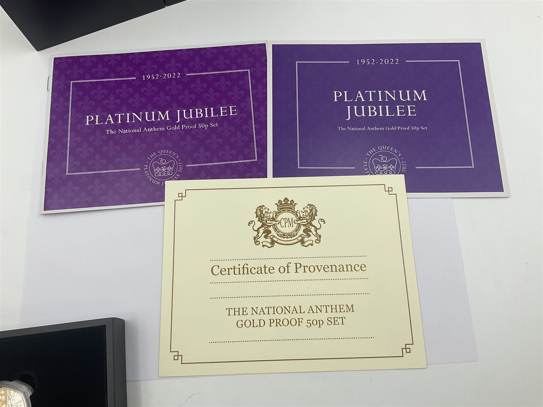 Queen Elizabeth II Isle of Man 2022 'Platinum Jubilee The National Anthem Gold Proof 50p Set' comprising five gold proof fifty pence coins with selective platinum plate, cased with certificate