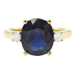 18ct gold sapphire and diamond three stone ring, single oval cut sapphire of approx 3.45 c...