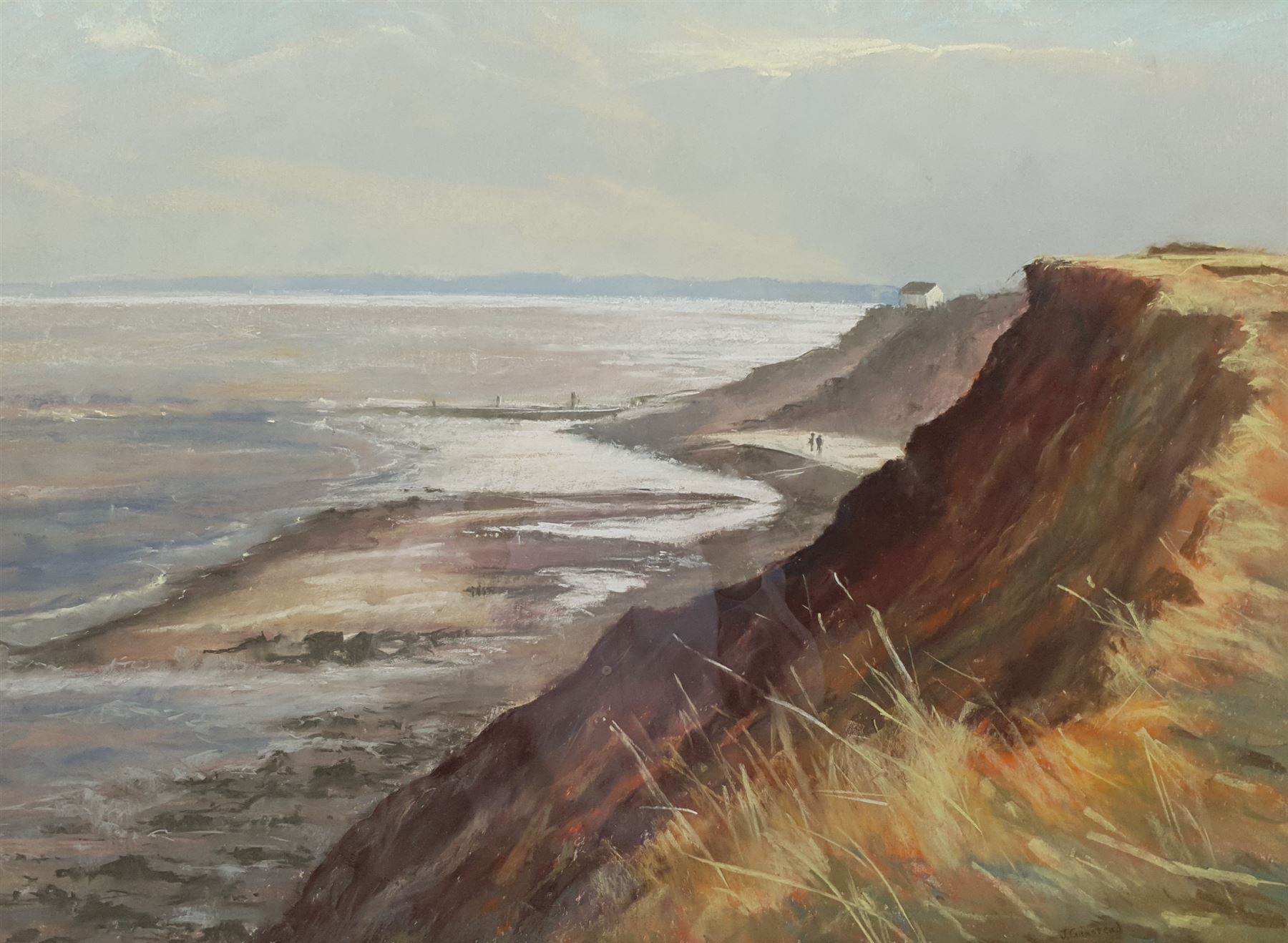 Jill Grinstead (British Northern Contemporary): 'Vanishing Coastline' Holderness, pastel signed, titled verso 48cm x 66cm; Doreen Dawson (20th century): River Landscape, pastel signed 34cm x 45cm (2)
