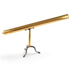 19th century lacquered brass refracting telescope by Bateman & Branches, 104 Strand London, upon a folding tripod with four eyepieces and within a wooden case, telescope L