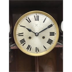  20th century oak cased wall clock, glazed door and silvered dial striking the half hors on a gong, H81cm  