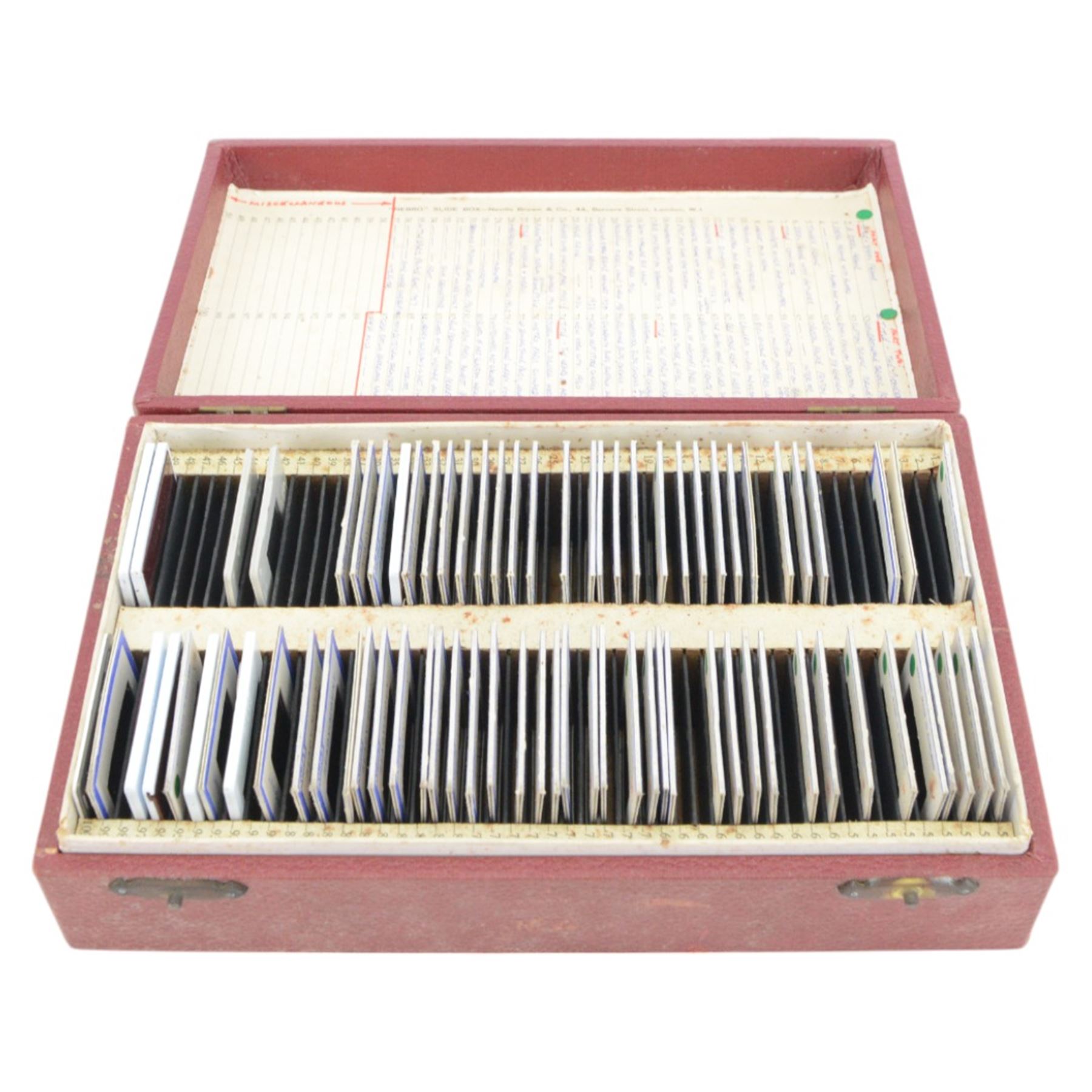 Four Nebro slide boxes containing a collection of photographic slides depicting landmarks, building interiors, train stations, etc, together with a Focal Point Filmstrips Century Series Visula Stimulation part 1 slide set, boxed