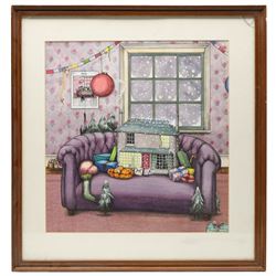 Colin Thompson (British/Australian 1942-): Snow-covered Home on a Sofa at Christmastime, ink and watercolour heightened with white signed 39cm x 37cm