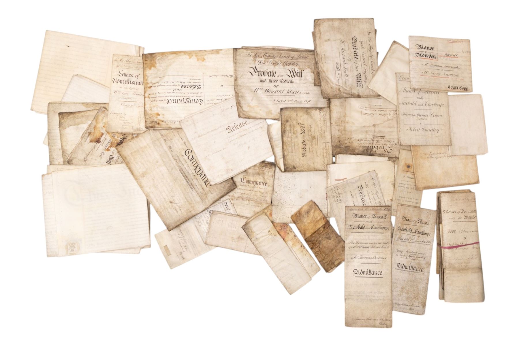 Yorkshire manorial interest - collection of 18th and 19th century vellum and paper court copyhold, admittance, surrender and lease documents relating to the Manor of Dunnington and Dunnington Hall, the Manor of Riccall with Newbald and Cawthorpe, and the Manor of North Duffield with the Members, together with similar documents for Warthorpe Hall, Allerthorpe Hall, Murton and surrounding areas, many retaining original seals, in one box