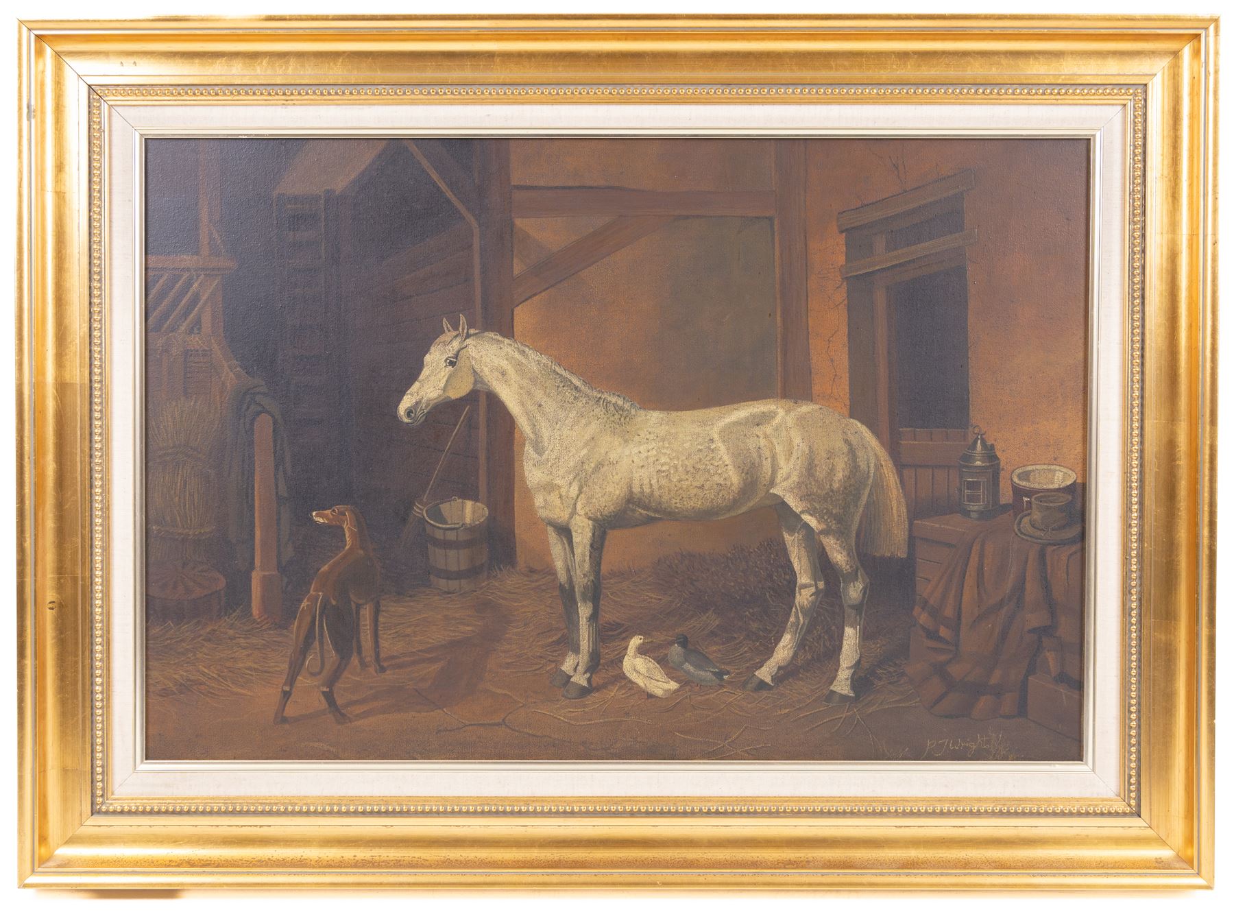 P J Wright (British 20th Century): Horse in Stable, oil on canvas signed 49cm x 75cm 
