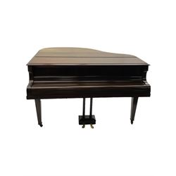 A mid 20th century English baby grand piano by Osbert, with an iron frame and overstrung stringing in a mahogany case,  conforming Lyre with sustain and una corda pedals and music desk, with original stringing, hammer action, dampers and felts, 7-1/4 octaves with 88 original ebony and ivory covered keys, with stool