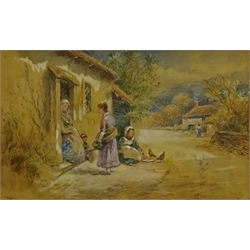Myles Birket Foster RWS (British 1825-1899): Figures at the Cottage Doorway with Hens, watercolour with bodycolour signed with monogram and studio stamp 10cm x 15.5cm 