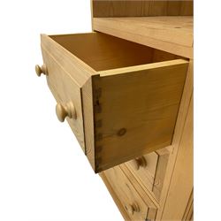 Traditional pine combination wardrobe, recessed cupboard with mirror back, fitted with single cupboard and three drawers