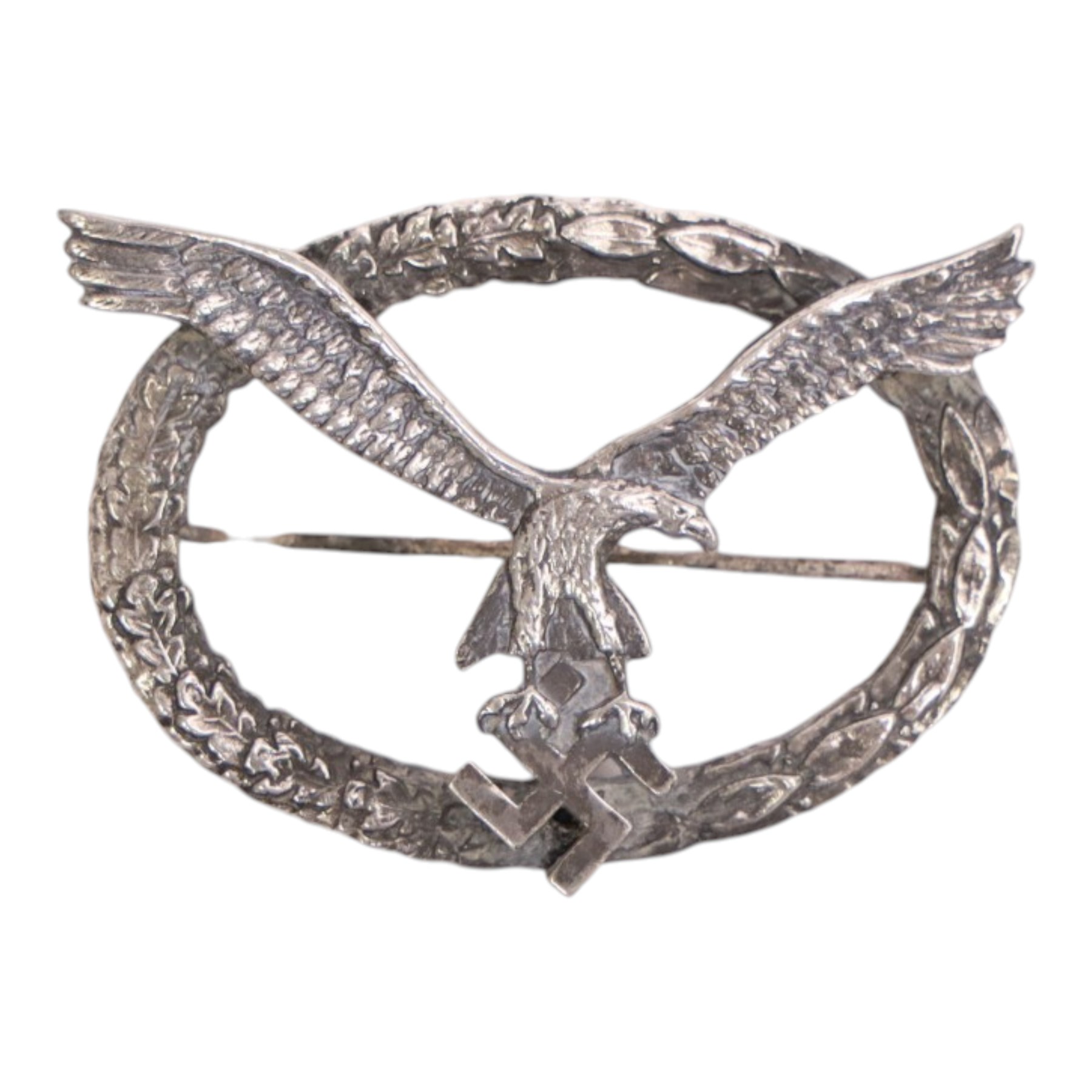 WWII German Third Reich Pilot's silver breast badge, marked on reverse for 800 standard and maker C.E Junker 