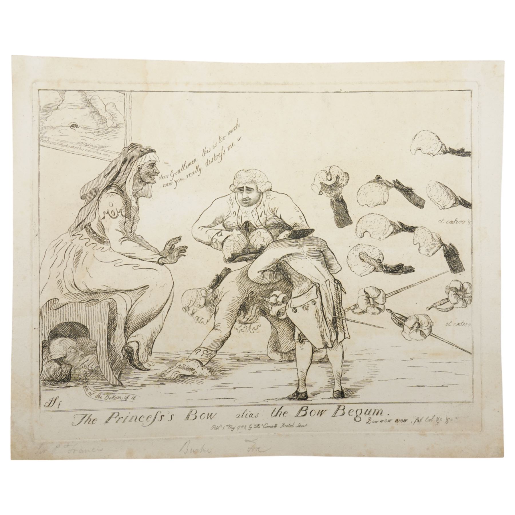 James Sayers (British 1748-1823): 'The Princess's Bow alias the Bow Begum', late 18th century satirical etching pub. Thomas Cornell 1789, 26cm x 32cm with full margins (unframed)
Notes: Edmund Burke is caricatured as a simpering “princess” overwhelmed by the exaggerated bows of Charles James Fox, Richard Brinsley Sheridan (kneeling), and Sir Philip Francis (hidden beneath the chair). The print mocks factional sycophancy within the Whigs and satirises Burke’s oratorical vanity and self-importance at a moment of political tension over India and royal influence.