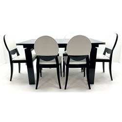 Ponsfords Sheffield Italian black gloss and glass extending dining table, rectangular supports (W220cm & 140cm, H77cm, D90cm) and set six chairs black and white dining chairs (W48cm)