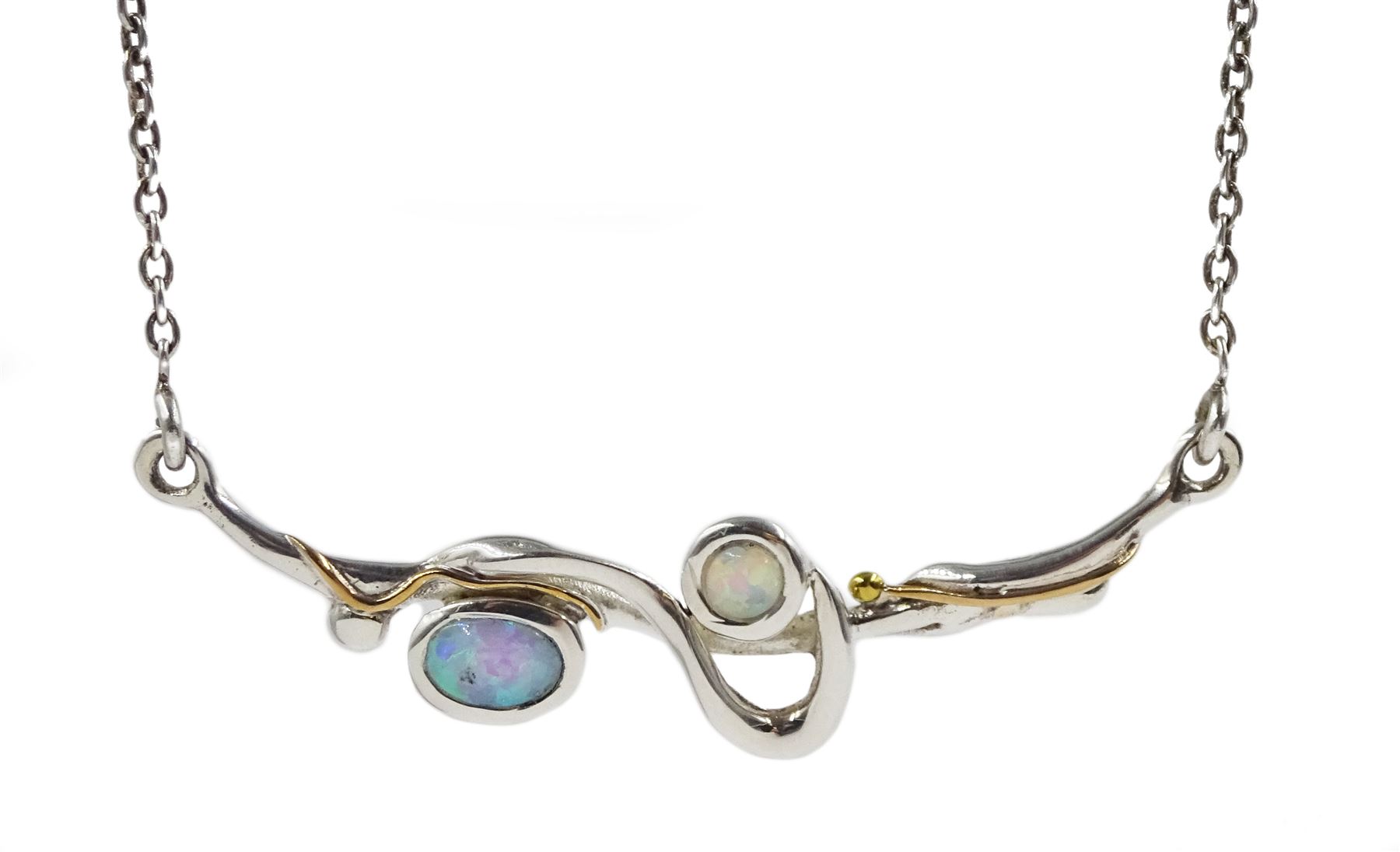 Silver and 14ct gold wire opal necklace, stamped 925