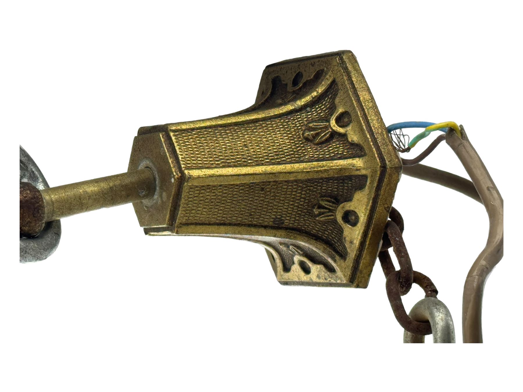 Collection of vintage and modern light fixtures, including copper pendant light, brass five-arm chandelier, hanging lantern and two small chandeliers with hanging faceted droplets (6)