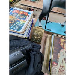 Dog cigarette box, glass decanter, two brass mantel clocks, snow globes, collection of Smash, Viz, Scorcher magazines, 1997 Glastonbury programme, JVC video camera, Sony Handy Cam and other collectables