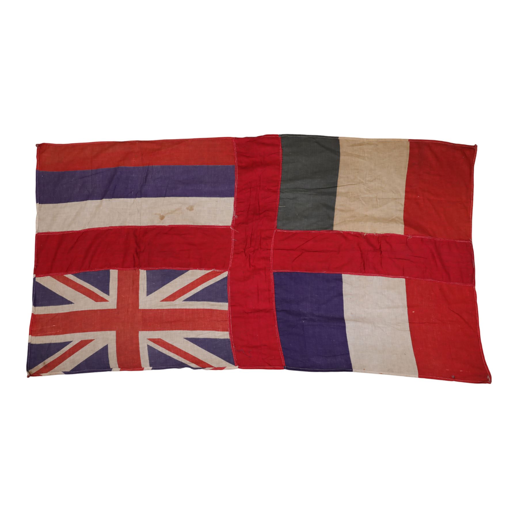 Four large linen ship's flags, including Red Ensign, Union Jack, White Ensign and one other, Red Ensign H140cm,W260cm