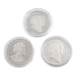 Queen Elizabeth II 2017 '20th November 1947 Platinum Wedding Anniversary' platinum three coin set, comprising Isle of Man, Bailiwick of Jersey and Bailiwick of Guernsey five pound coins, each weighing 39.94 grams minted in 995/1000 platinum, cased with certificate 
