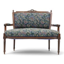 20th century French Louis XVI style stained beech two-seat salon settee, rectangular uphol...