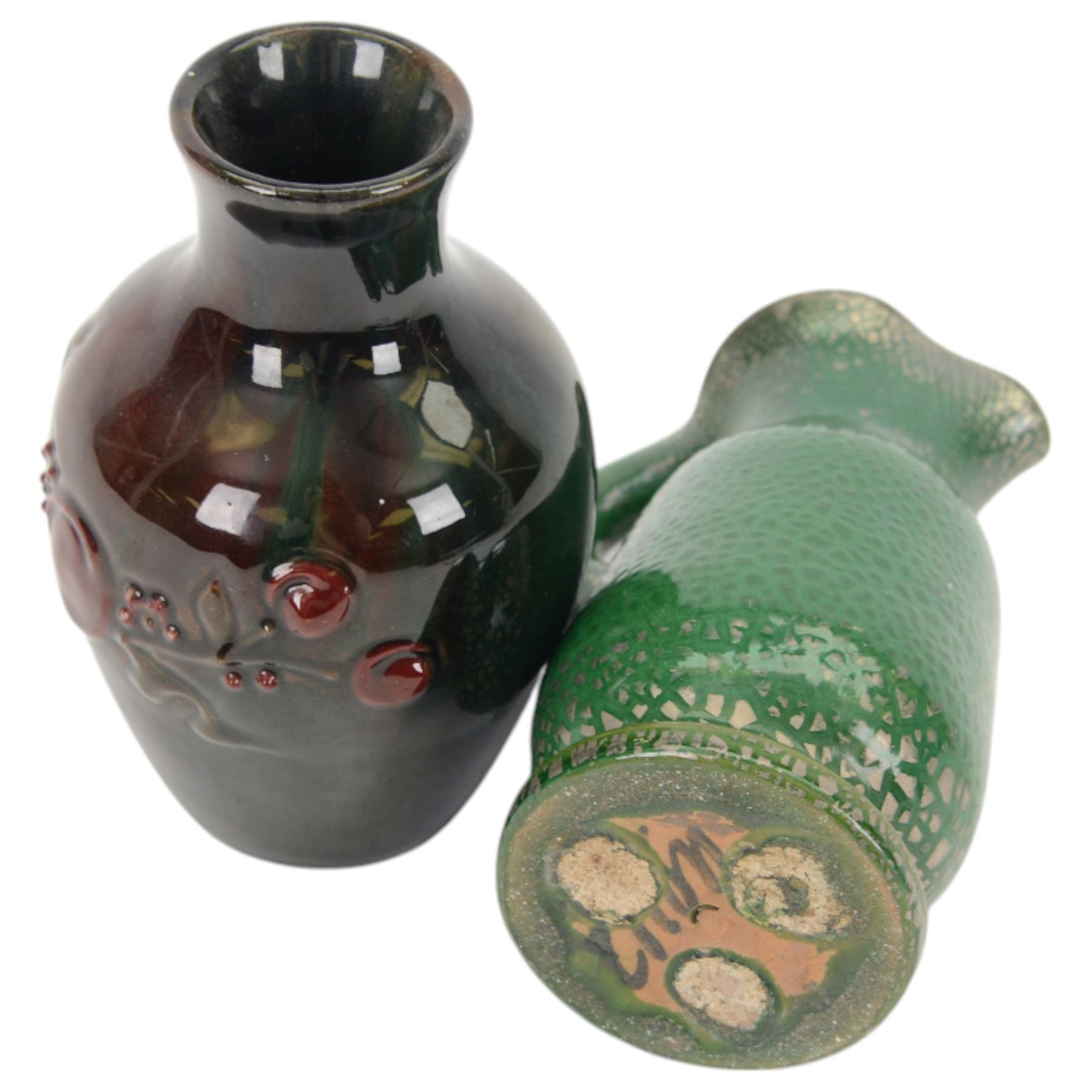 Elton ware slipware pottery vase with floral relief decoration, together with green and silver glaze jug