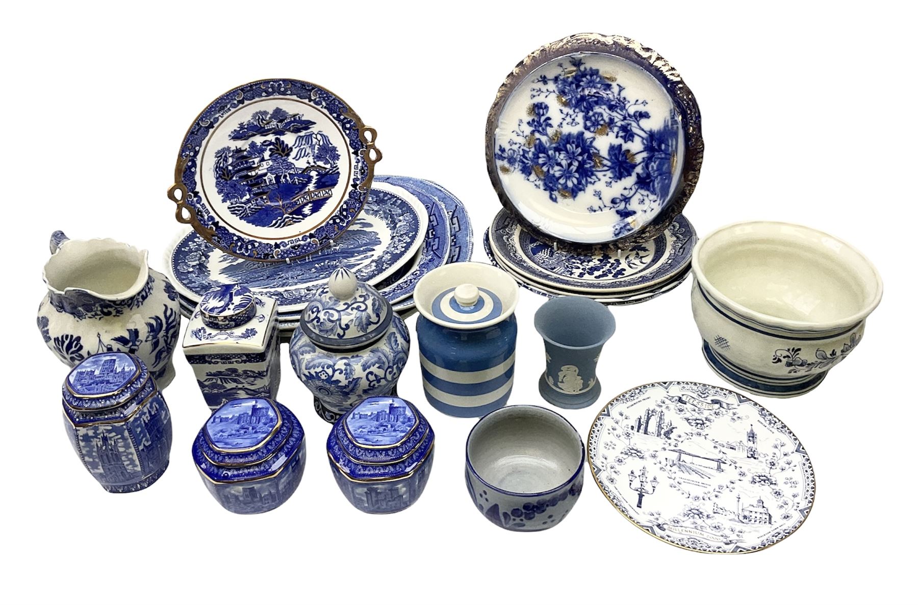 Quantity of blue and white ceramics to include Spode Italian pattern shallow bowl, Booths plate decorated with willow pattern, Wedgwood Jasperware tulip vase, T.G Green Cornish ware lidded storage jar, Delft style ceramics etc in two boxes