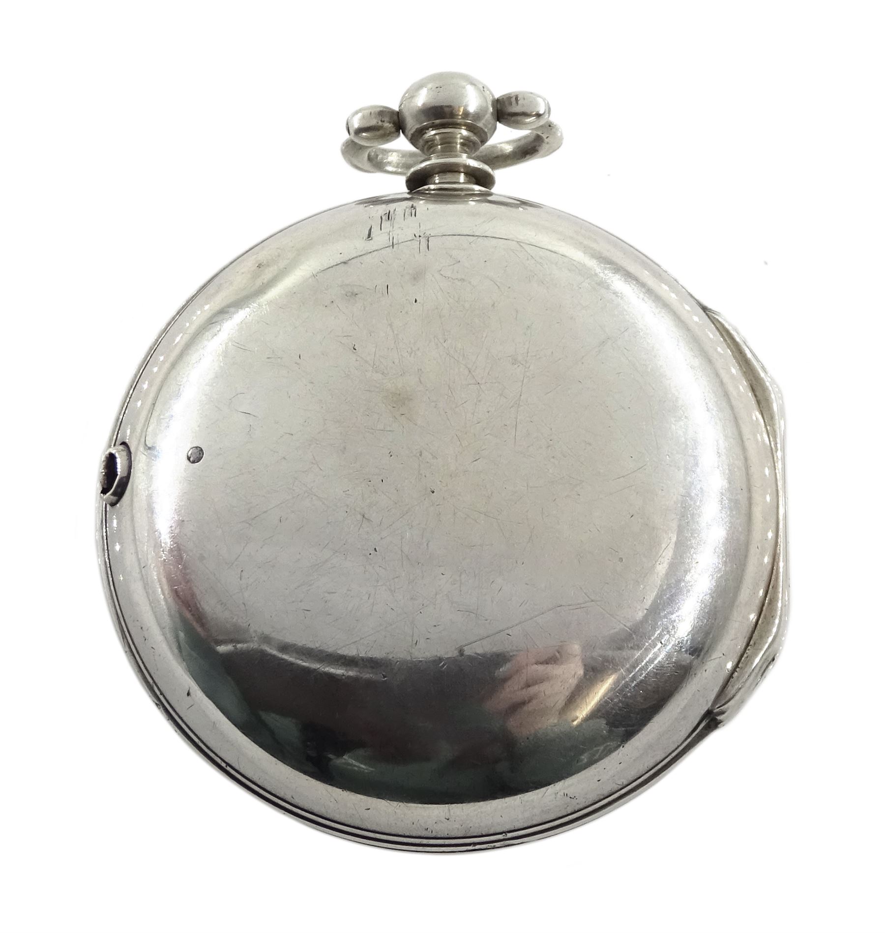 George III silver pair cased verge fusee pocket watch by David Crawford, Newcastle, No. 671, square baluster pillars, pierced and engraved balance cock, enamel polychrome dial depicting a figure fishing by a bridge, Roman hours and Arabic outer minute ring, beetle and poker hands, bull's eye glass, case markers mark D.P, London 1771