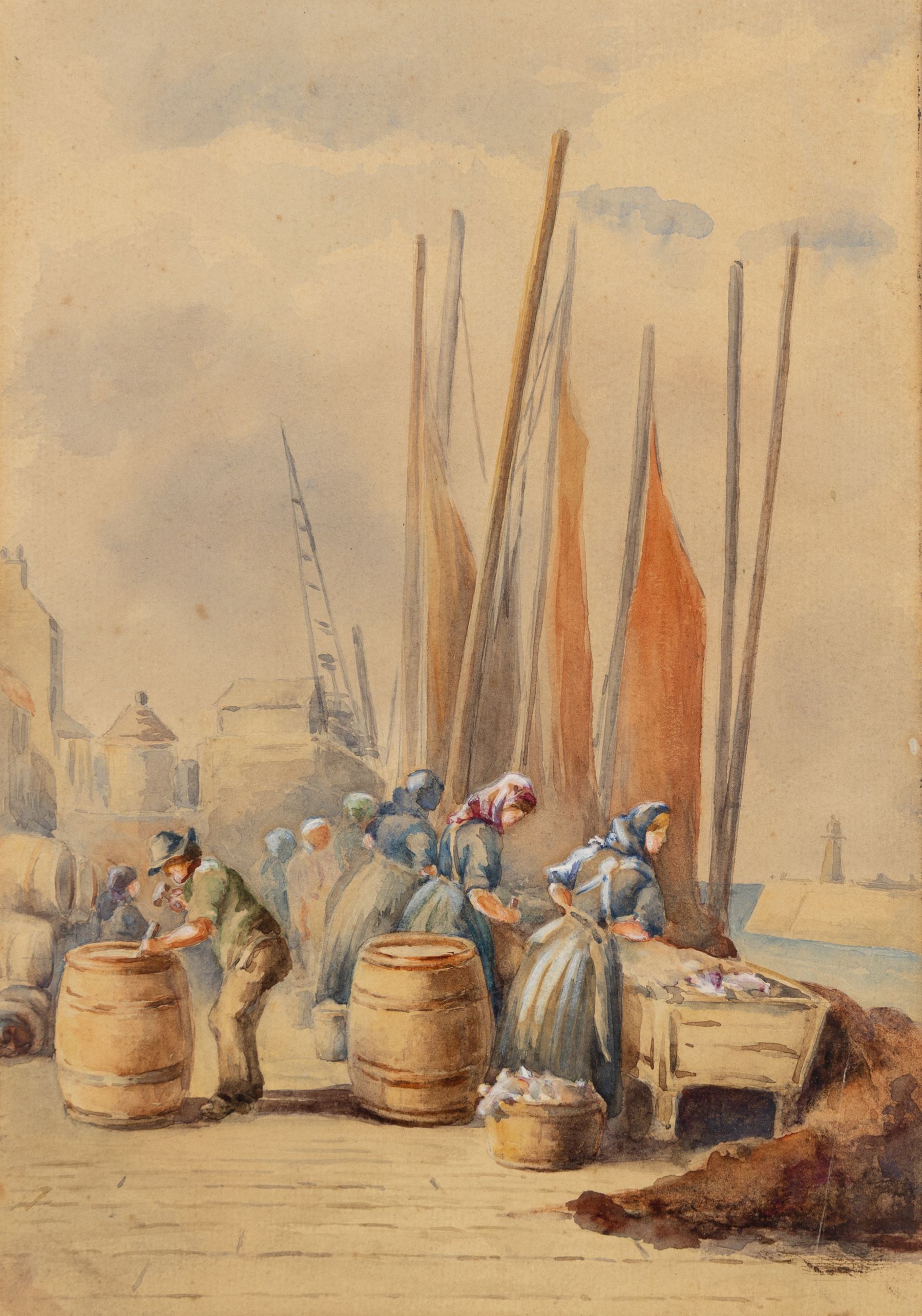 Thomas Swift Hutton (British 1860-1935): 'Tin Ghaut - Whitby', George Percy Bankart (British 1866-1929): ‘River Esk at Whitby’, Edith F Hillier (British 19th/20th Century): ‘The Market Place – Whitby'; together with other Whitby related watercolours variously signed and titled max 36.5cm x 26.5cm (6)