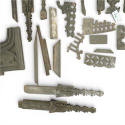 Architectural Salvage - Collection of oak ecclesiastical carvings, 19th century, comprising various finials, including four crocketed examples, some with fruit and foliate carved motifs, corbel, and others
Notes: Removed in the 19th century from the church in the grounds of a private Yorkshire estate 
Provenance: property of a Nobleman