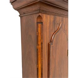 Thomas Greaves of Newcastle - late 18th century 8-day mahogany longcase clock c1790, with a flat topped hood and break arch hood door flanked by pilasters with Corinthian capitals, trunk with canted corners and ogee spire topped trunk door, rectangular plinth on a decorative stepped base,  early painted dial with raised gesso spandrels and a painted oval landscape to the arch, with matching steel hands, Roman numerals, five minute Arabic's and minute markers, subsidiary seconds dial and calendar aperture,  dial pinned via a cast falseplate to a rack striking movement with a recoil anchor escapement, striking the hours on a bell. With pendulum and weights.