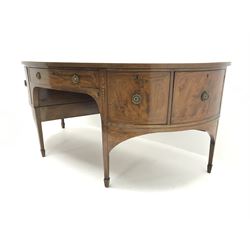 George III and later mahogany demi-lune sideboard, the figured top with rosewood band and box wood and ebony stringing, central tapering triangular drawer with rosewood band to drawer front, two cupboards to each side of central drawer, the far cupboard with catch stays disguised as an escutcheon, the front uprights inlaid with shell motifs and trailing husks, brackets inlaid with scrolled leafage, square tapering supports with spade feet, 