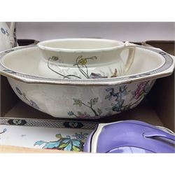 Royal Winton Art Deco style wash jug and bowl, in geometric purple design, together with two other large wash jugs with bowls and other similar ceramics, in three boxes 