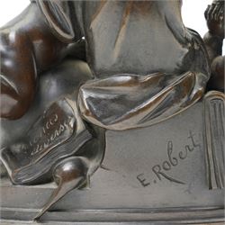 After Louis Valentine Elias Robert (French 1821-1874); pair of 19th century allegorical bronze groups, modelled as putti learning about the arts and sciences, bearing signature to the plinth, H17cm (2)