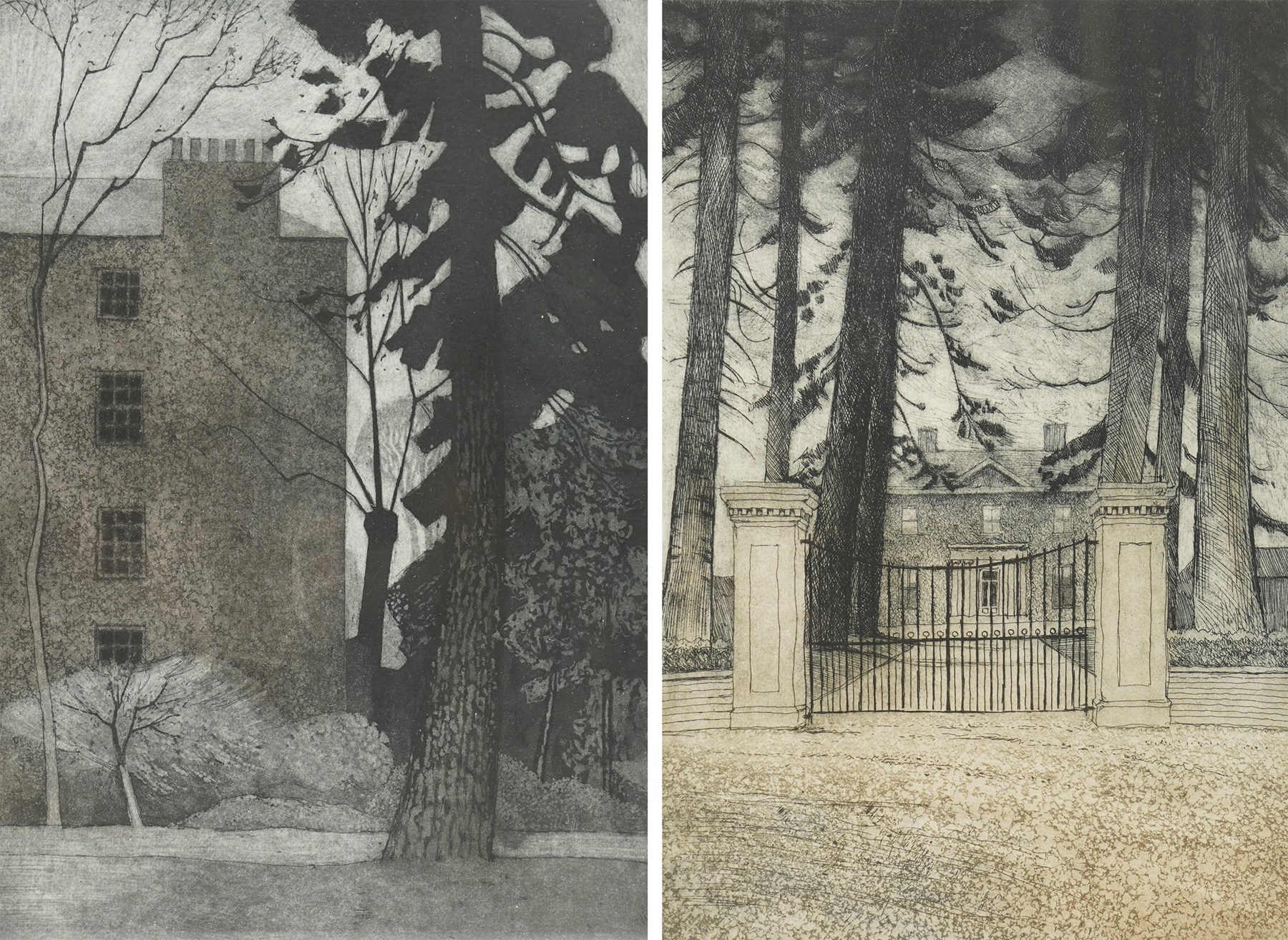 Colin Bygrave (British 1933-2020): 'House Among Pines' and 'Fitzwilliam Redwood', pair of monochrome etchings signed titled and numbered 5/150 and 3/90 in pencil, in matching frames max 41cm x 29cm (2)