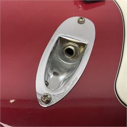 1990s Korean Squier Fender Stratocaster electric guitar in cherry red; serial no.S965951, L98cm