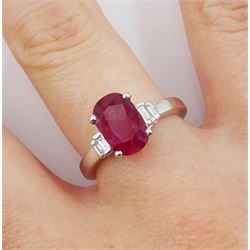 18ct white gold oval Burmese ruby ring, with baguette diamond shoulders, hallmarked, ruby approx 3.00 carat