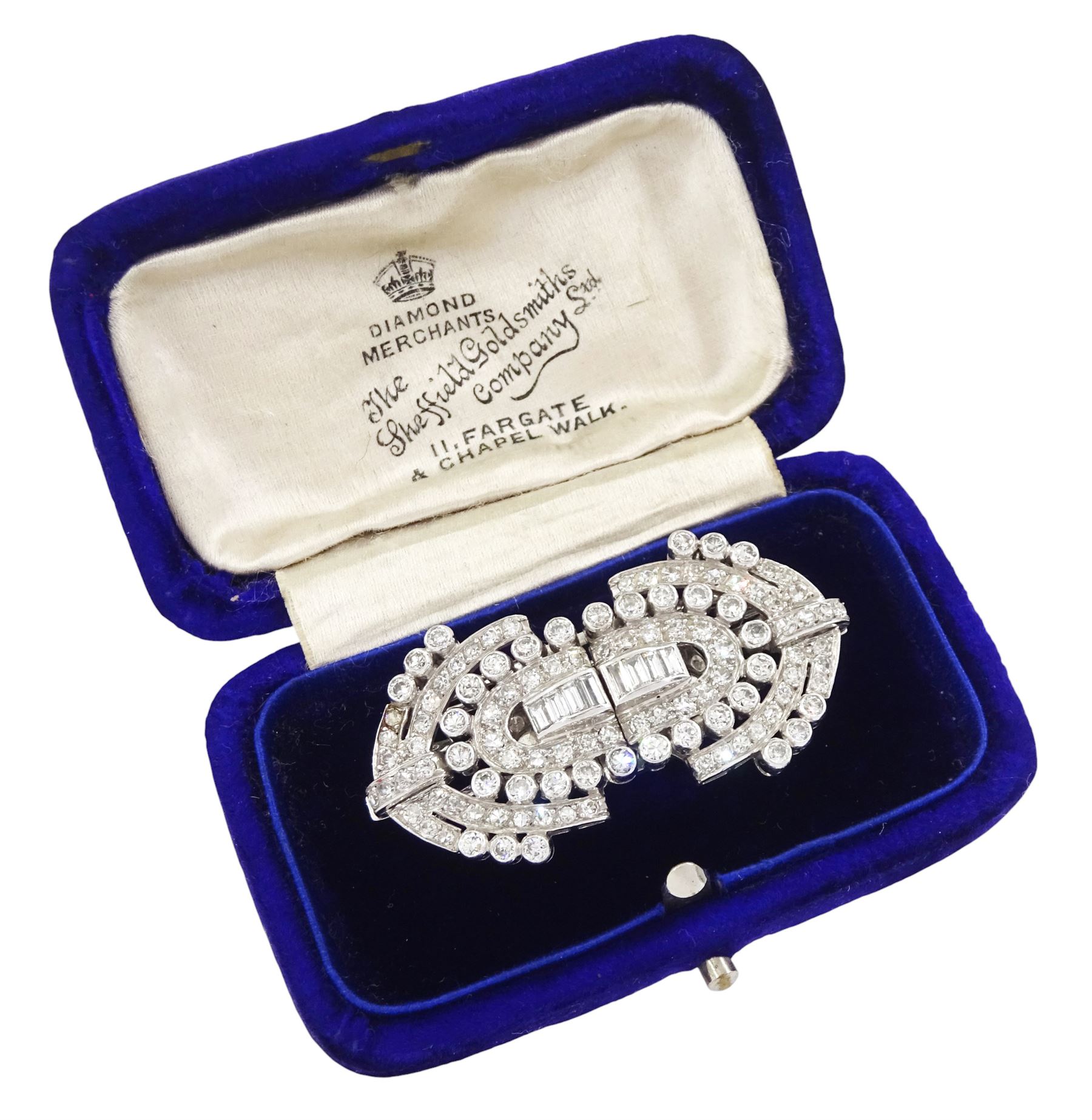 Early - mid 20th century platinum diamond brooch / hair clips, each clip set with round and baguette cut diamonds, in an openwork setting, joined by a 9ct white gold detachable brooch, total diamond weight approx 2.35 carat