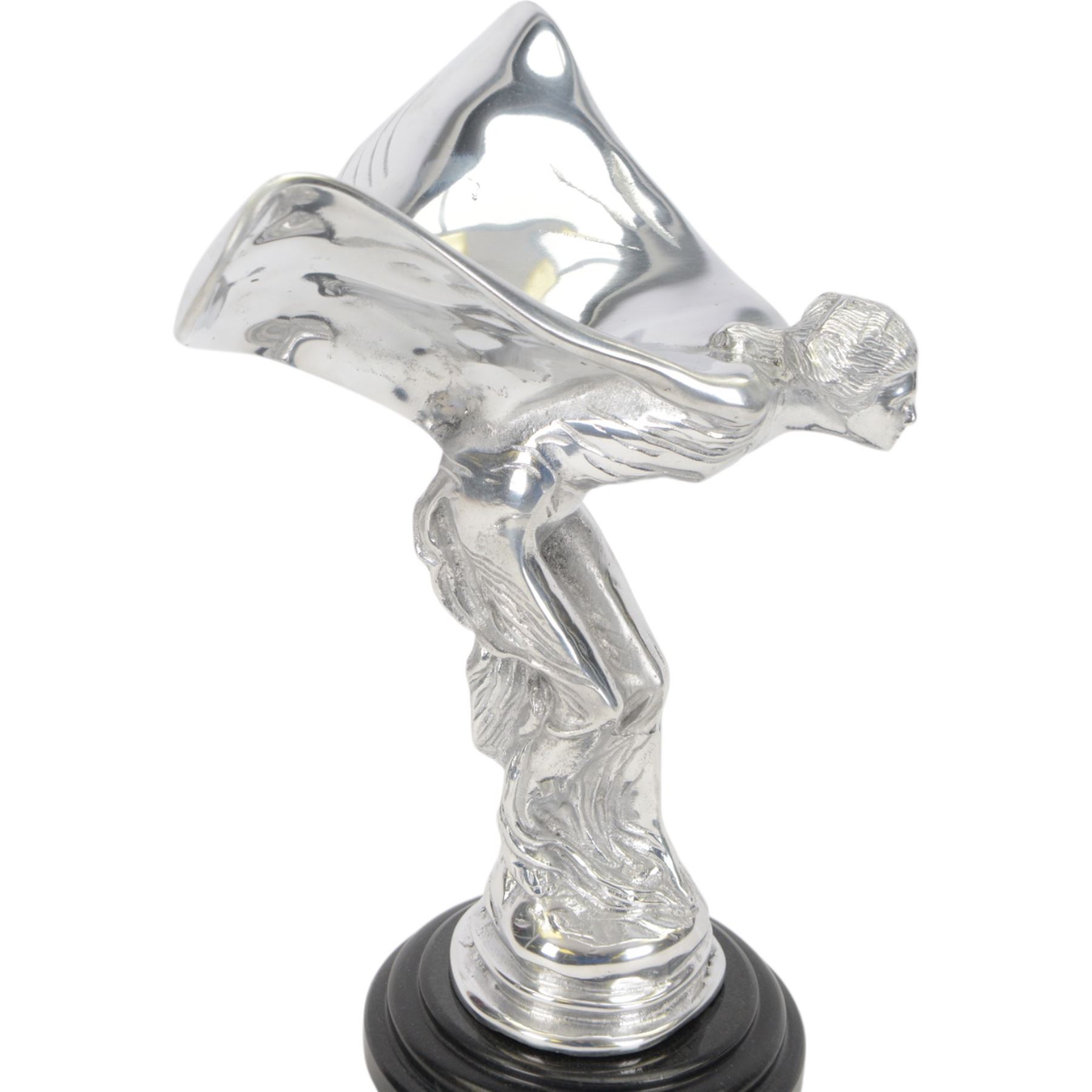 Reproduction Rolls Royce Sprit of Ecstasy car mascot, on circular black plinth, H35cm 
