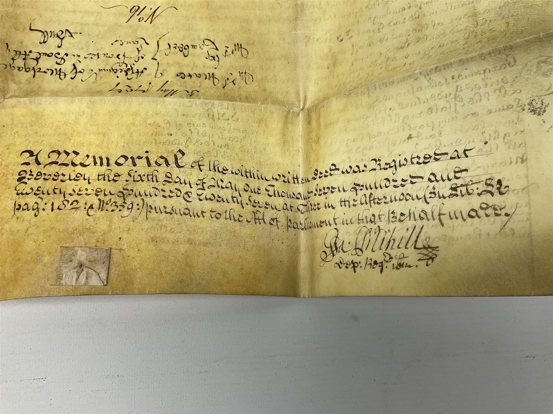 Three 17th/18th century manuscript deeds on vellum relating to properties in Bowling Alley Lane, Hull - one dated 16/12/1689 with seal 44 x 65cm; mortgage dated 20/2/1711 56 x 74cm; and assignment of mortgage dated 5/5/1727 with seal; all folded (3)