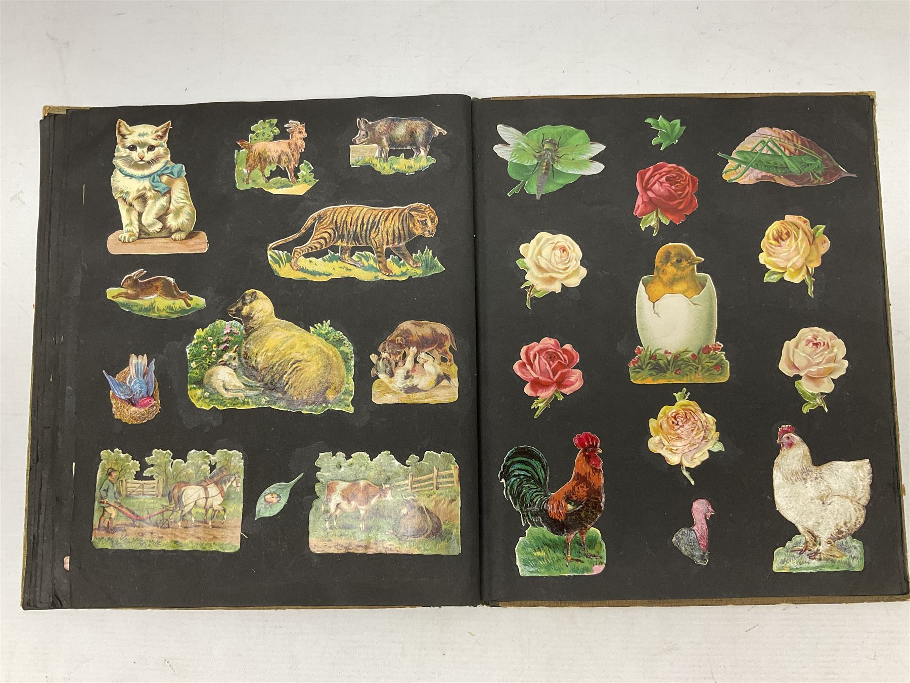 Victorian scrapbook containing twenty-six double sided pages and two fixed end pages of various fixed decoupage to include clippings of maritime interest, greeting cards, portraiture, flowers, animals etc, 