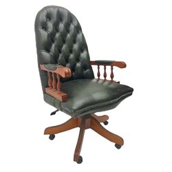 Swivel reclining desk chair upholstered in green buttoned leather