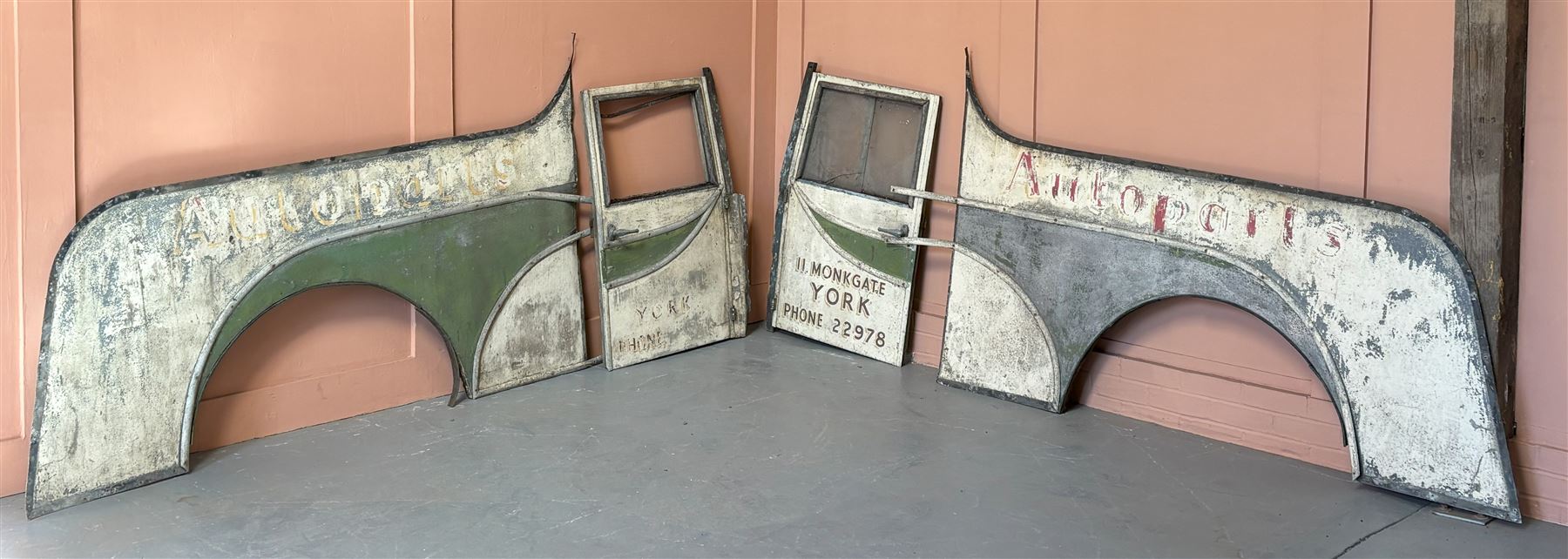 Post war coach built aluminium body panels from a recovery truck, once the property of Norman Ankers garage, 11 Monk Gate, York, complete with aluminium trims not shown. Longest panel L195cm. - COLLECTION BY APPOINTMENT FROM: The White House, Thirsk Road, Easingwold, York, YO61 3NF - CALL 01723 507111 TO ARRANGE