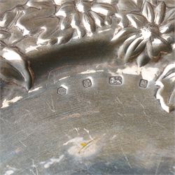 Pair of silver sauce boats with crimped rims Sheffield 1935 Maker Mappin & Webb, small embossed silver tray and two other small trays